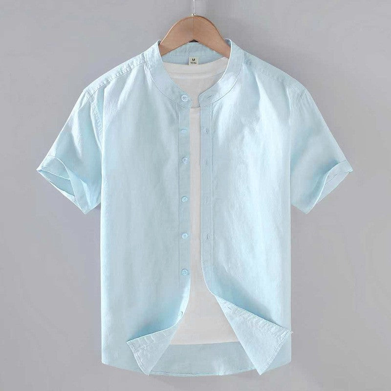 Camisa de lino de manga corta con cuello mandarín para hombre-Shirts for men-Casaluzia