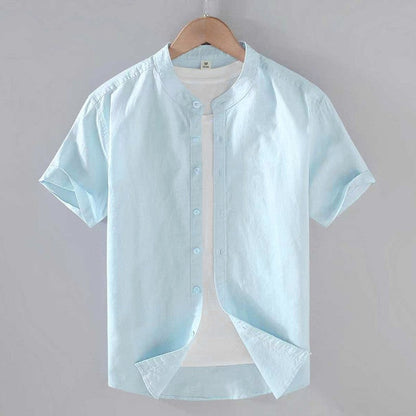 Camisa de lino de manga corta con cuello mandarín para hombre-Shirts for men-Casaluzia