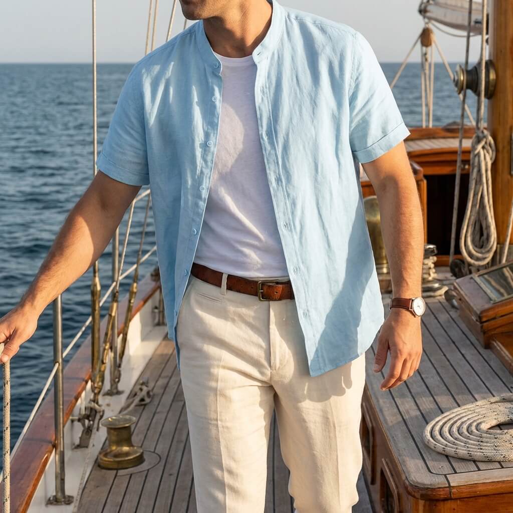 Camisa de lino de manga corta con cuello mandarín para hombre-Shirts for men-Casaluzia