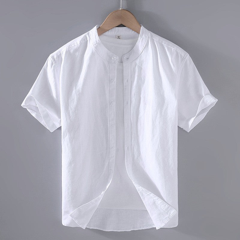 Camisa de lino de manga corta con cuello mandarín para hombre-Shirts for men-Casaluzia