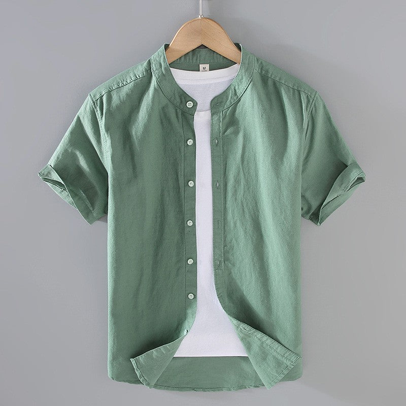 Camisa de lino de manga corta con cuello mandarín para hombre-Shirts for men-Casaluzia