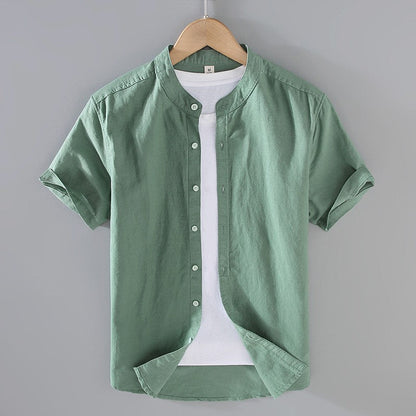 Camisa de lino de manga corta con cuello mandarín para hombre-Shirts for men-Casaluzia