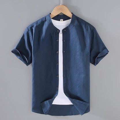 Camisa de lino de manga corta con cuello mandarín para hombre-Shirts for men-Casaluzia