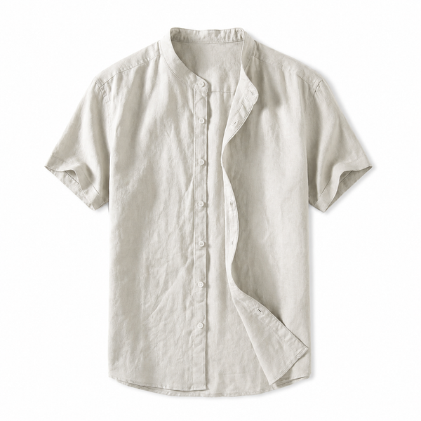 Camisa de lino de manga corta con cuello mandarín para hombre