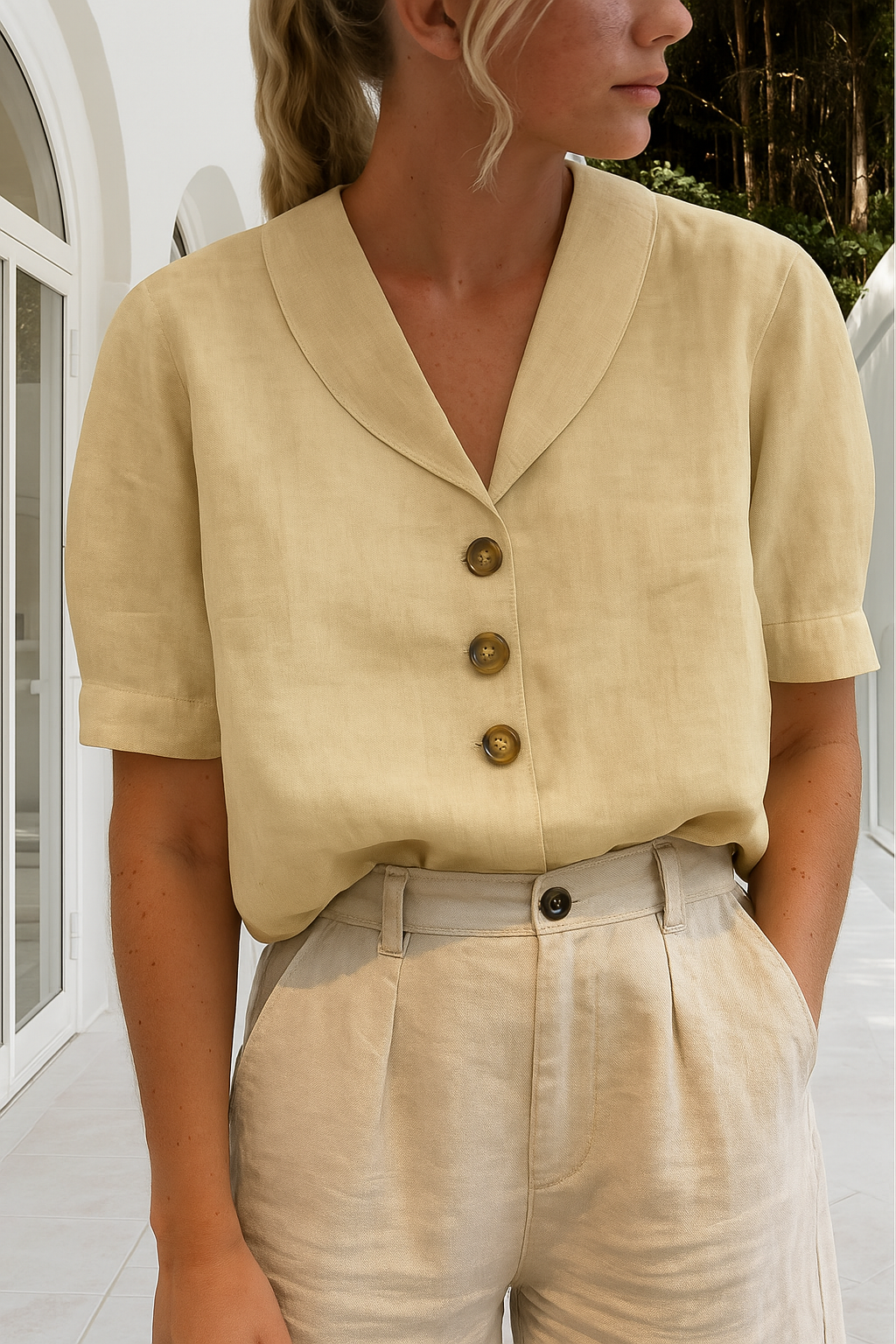 Camisa de lino de manga corta para mujer con cuello de muesca-Blouses for women-Casaluzia