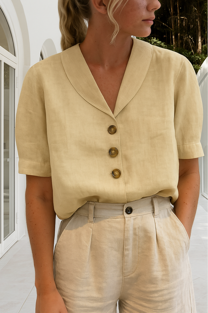 Camisa de lino de manga corta para mujer con cuello de muesca-Blouses for women-Casaluzia