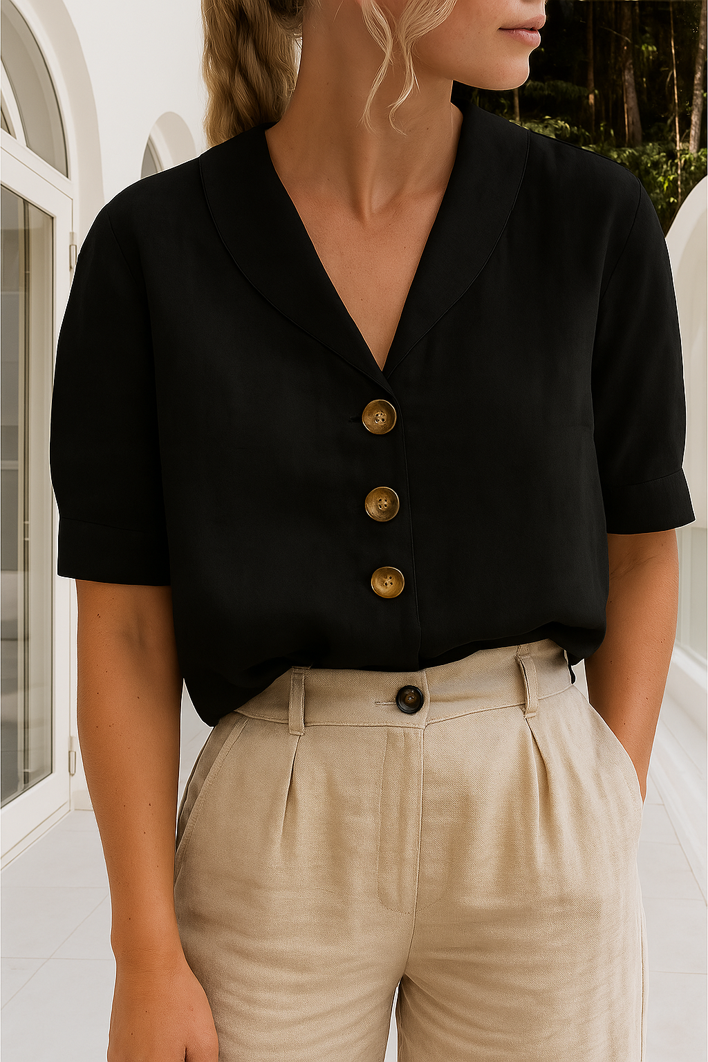Camisa de lino de manga corta para mujer con cuello de muesca-Blouses for women-Casaluzia