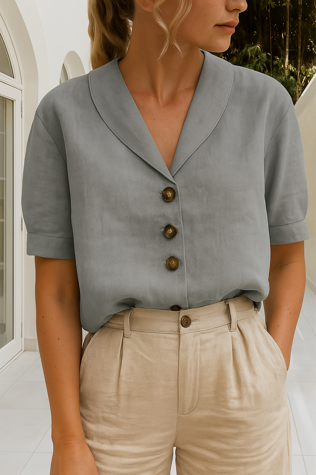 Camisa de lino de manga corta para mujer con cuello de muesca-Blouses for women-Casaluzia