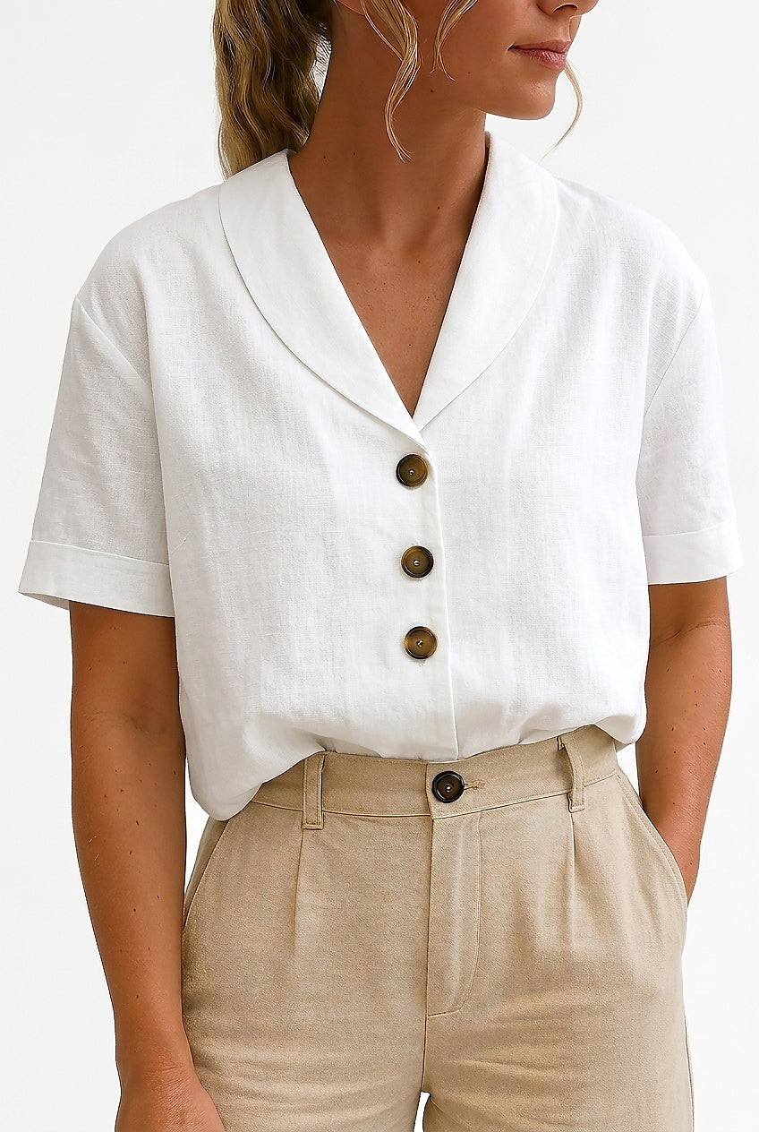 Camisa de lino de manga corta para mujer con cuello de muesca-Blouses for women-Casaluzia