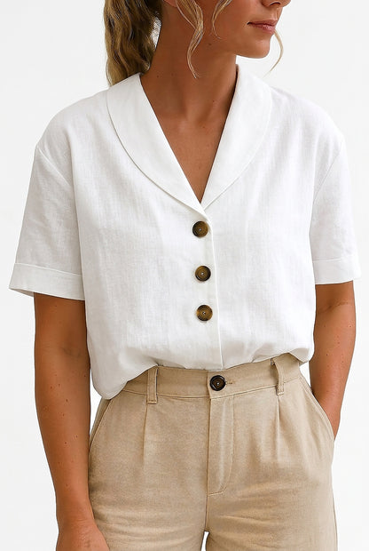 Camisa de lino de manga corta para mujer con cuello de muesca-Blouses for women-Casaluzia