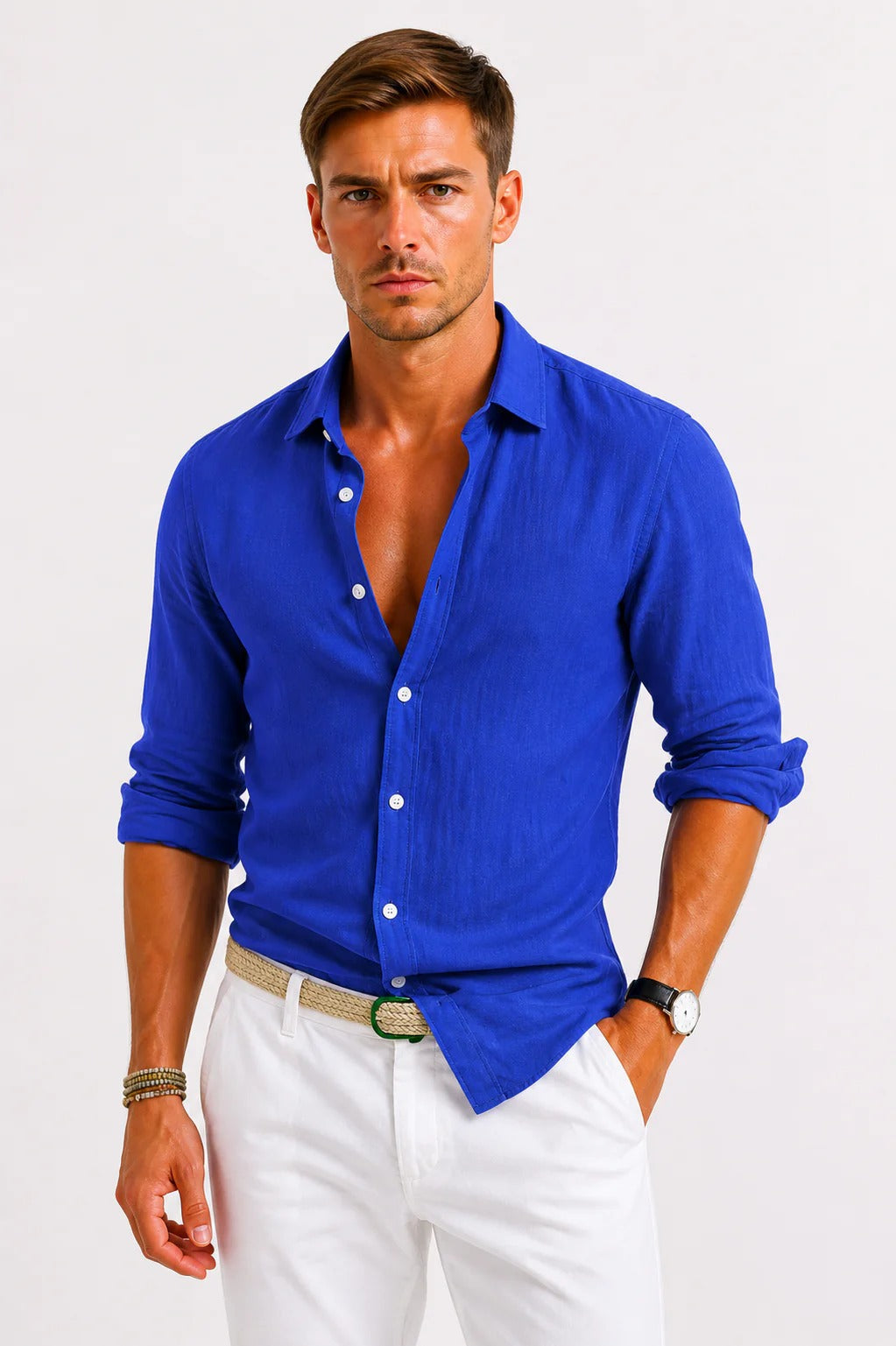 Camisa de lino de manga larga con botones para hombre-Shirts for men-Casaluzia