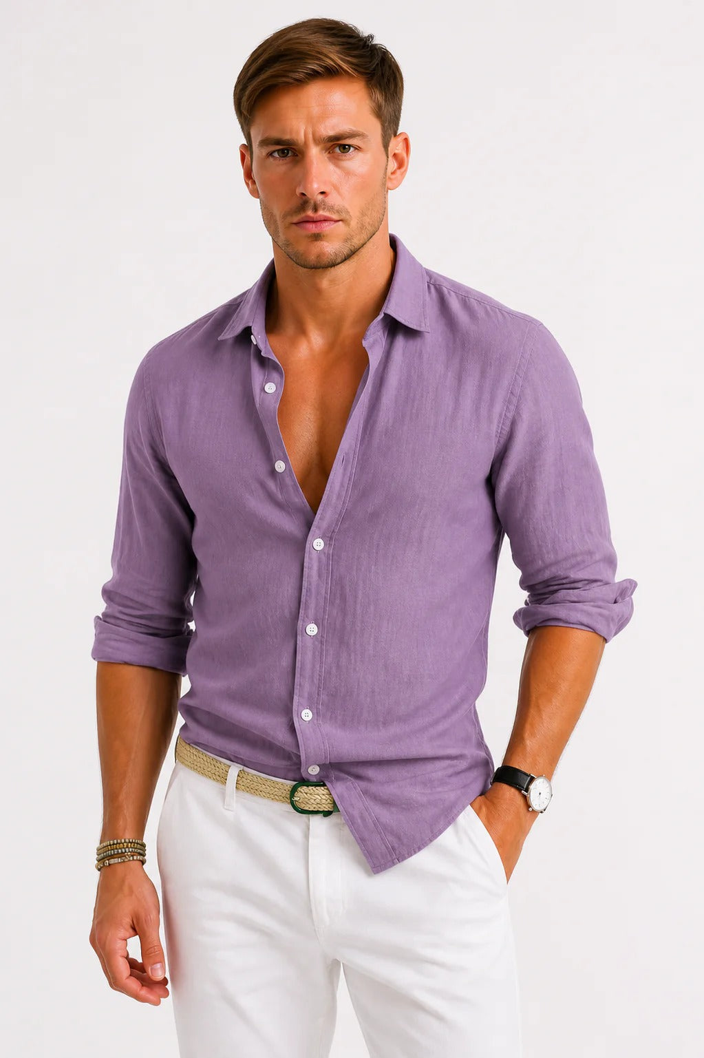 Camisa de lino de manga larga con botones para hombre-Shirts for men-Casaluzia
