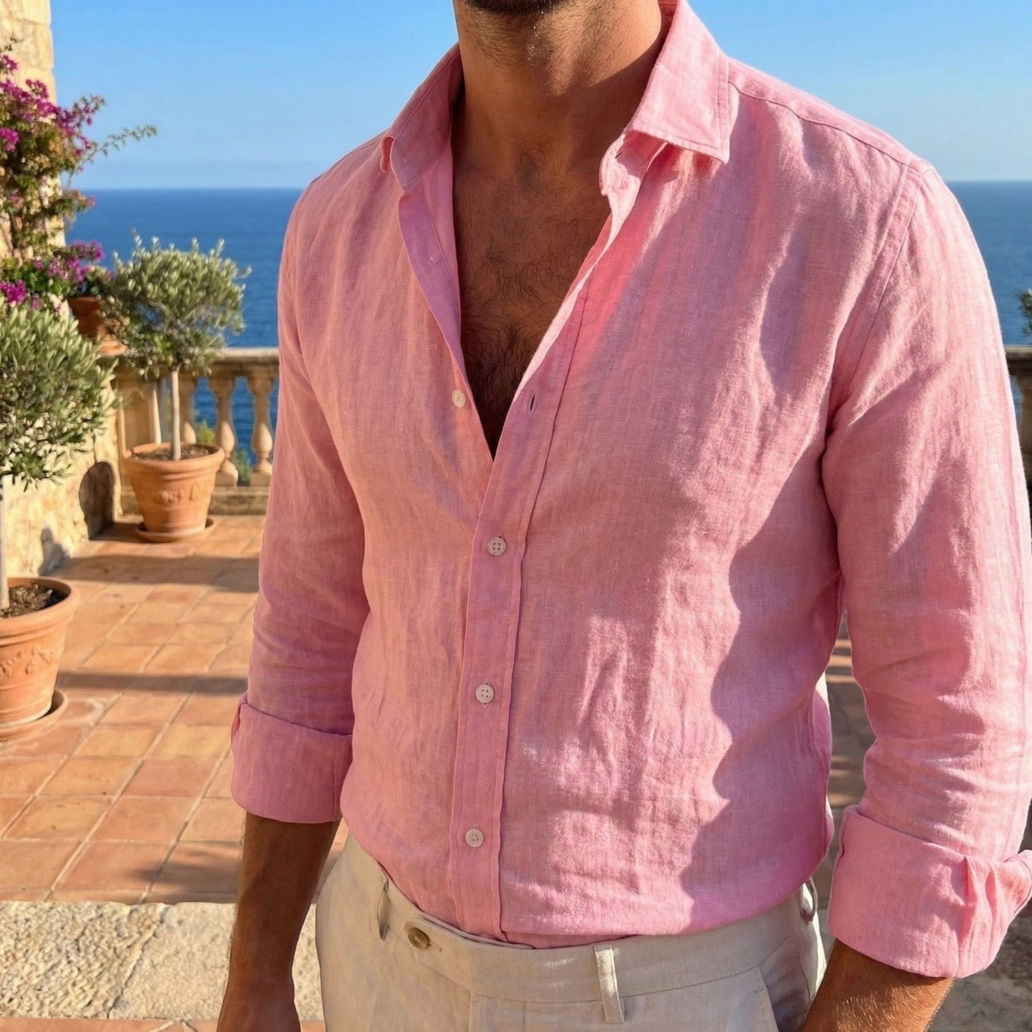 Camisa de lino de manga larga con botones para hombre-Shirts for men-Casaluzia