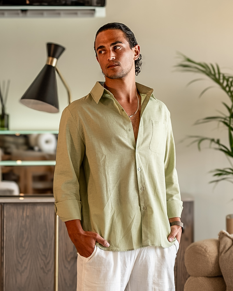 Camisa de lino de manga larga para hombre con bolsillo-Shirts for men-Casaluzia