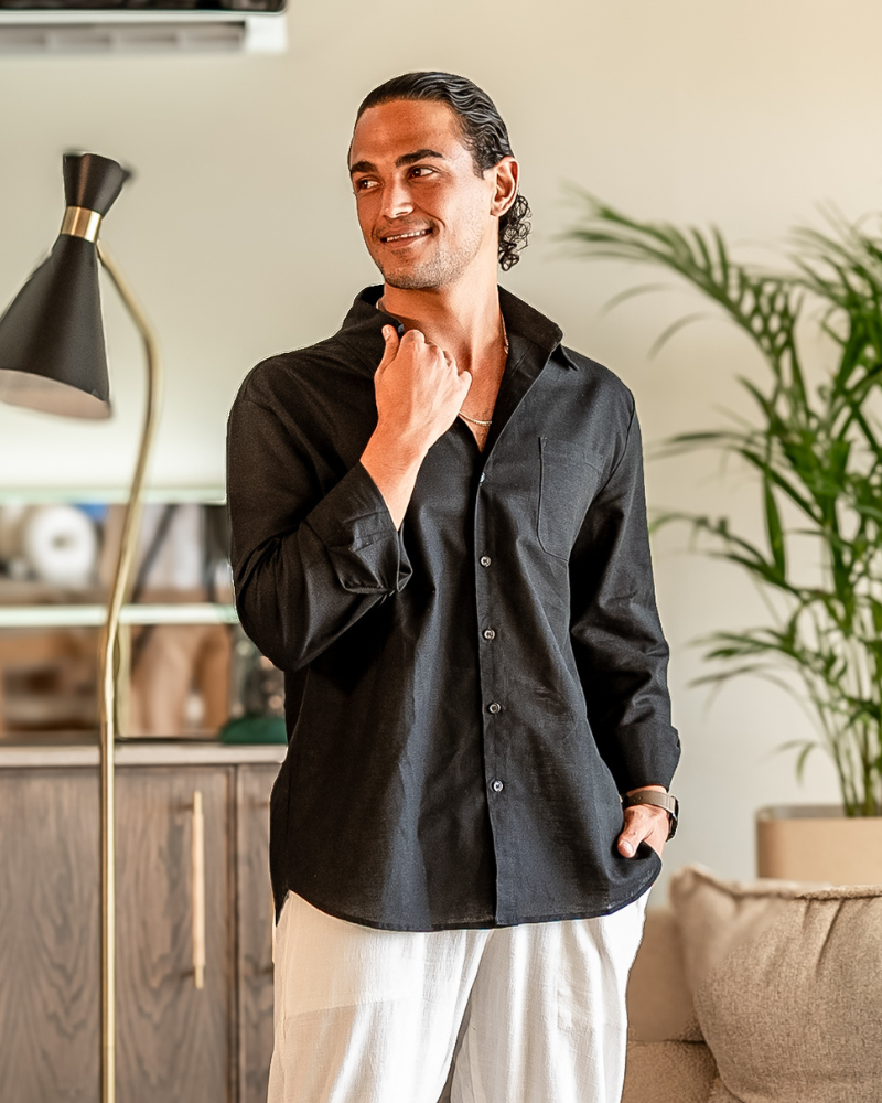 Camisa de lino de manga larga para hombre con bolsillo-Shirts for men-Casaluzia