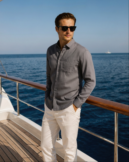 Camisa de lino de manga larga para hombre con bolsillo-Shirts for men-Casaluzia