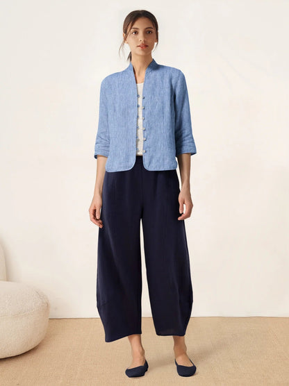 Camisa de lino entallada con cuello mandarín para mujer-Shirts for women-Casaluzia