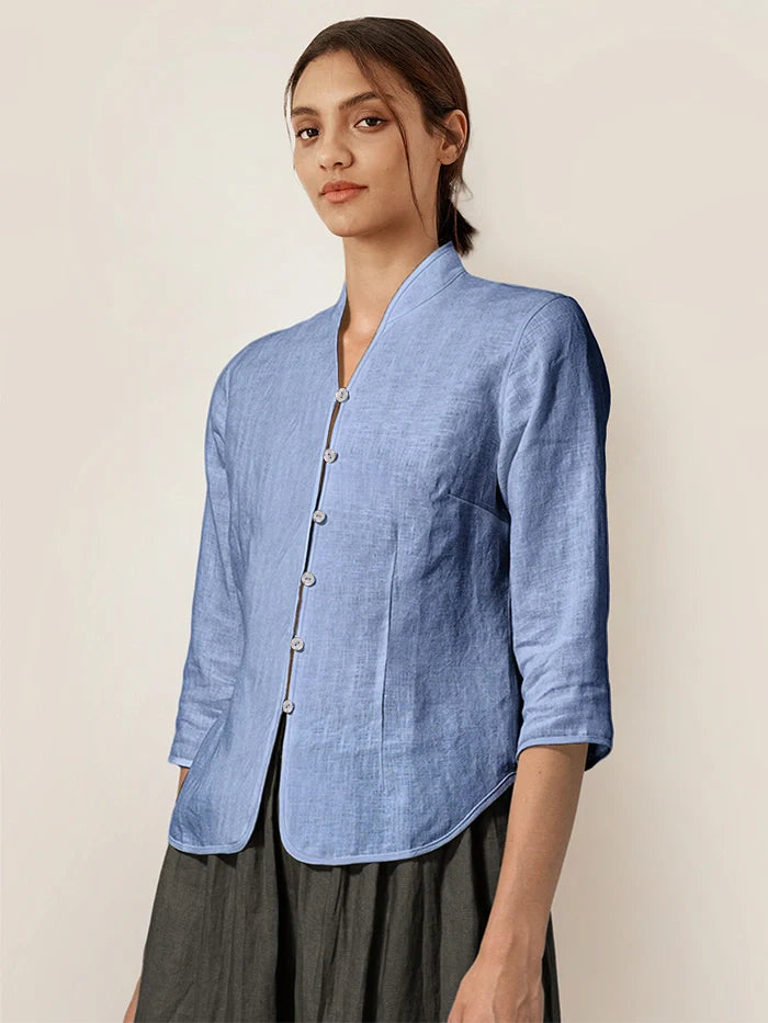 Camisa de lino entallada con cuello mandarín para mujer-Shirts for women-Casaluzia