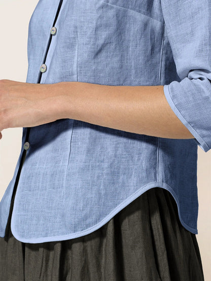 Camisa de lino entallada con cuello mandarín para mujer-Shirts for women-Casaluzia