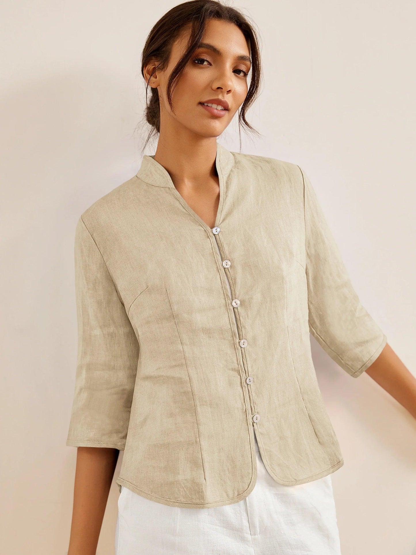 Camisa de lino entallada con cuello mandarín para mujer-Shirts for women-Casaluzia