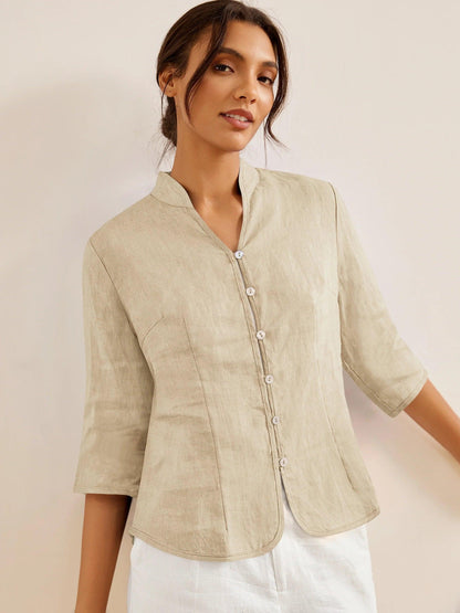 Camisa de lino entallada con cuello mandarín para mujer-Shirts for women-Casaluzia
