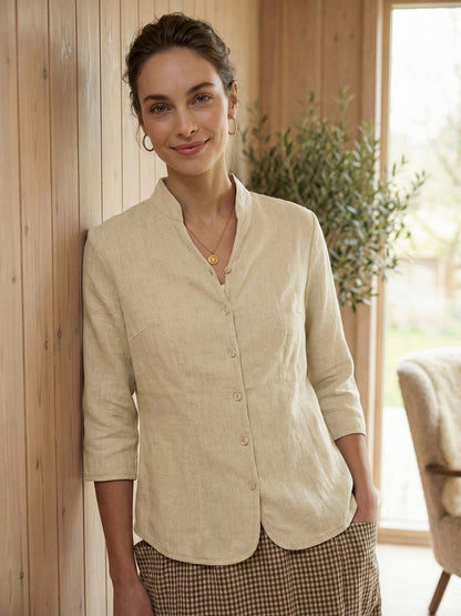 Camisa de lino entallada con cuello mandarín para mujer-Shirts for women-Casaluzia