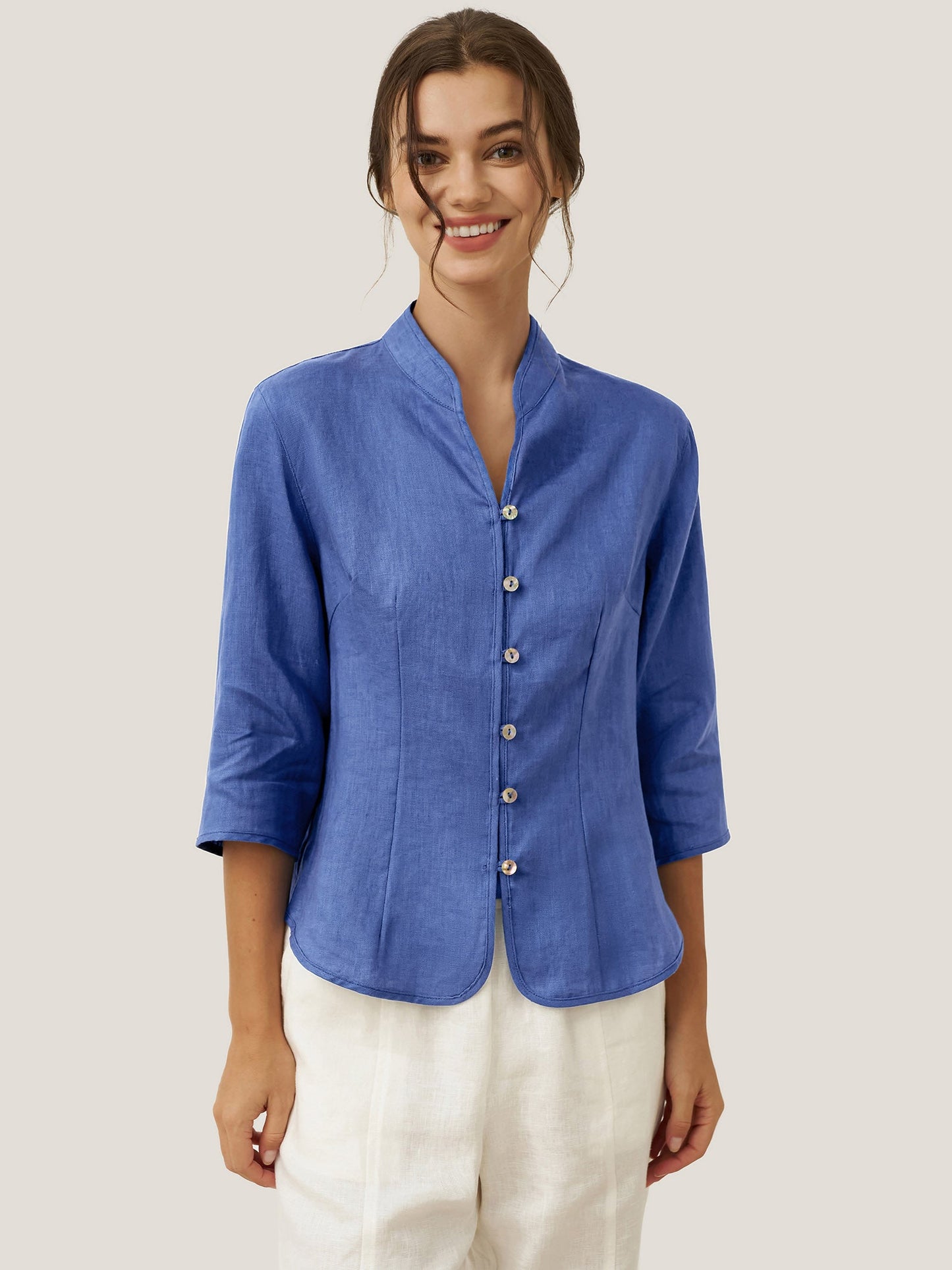 Camisa de lino entallada con cuello mandarín para mujer-Shirts for women-Casaluzia