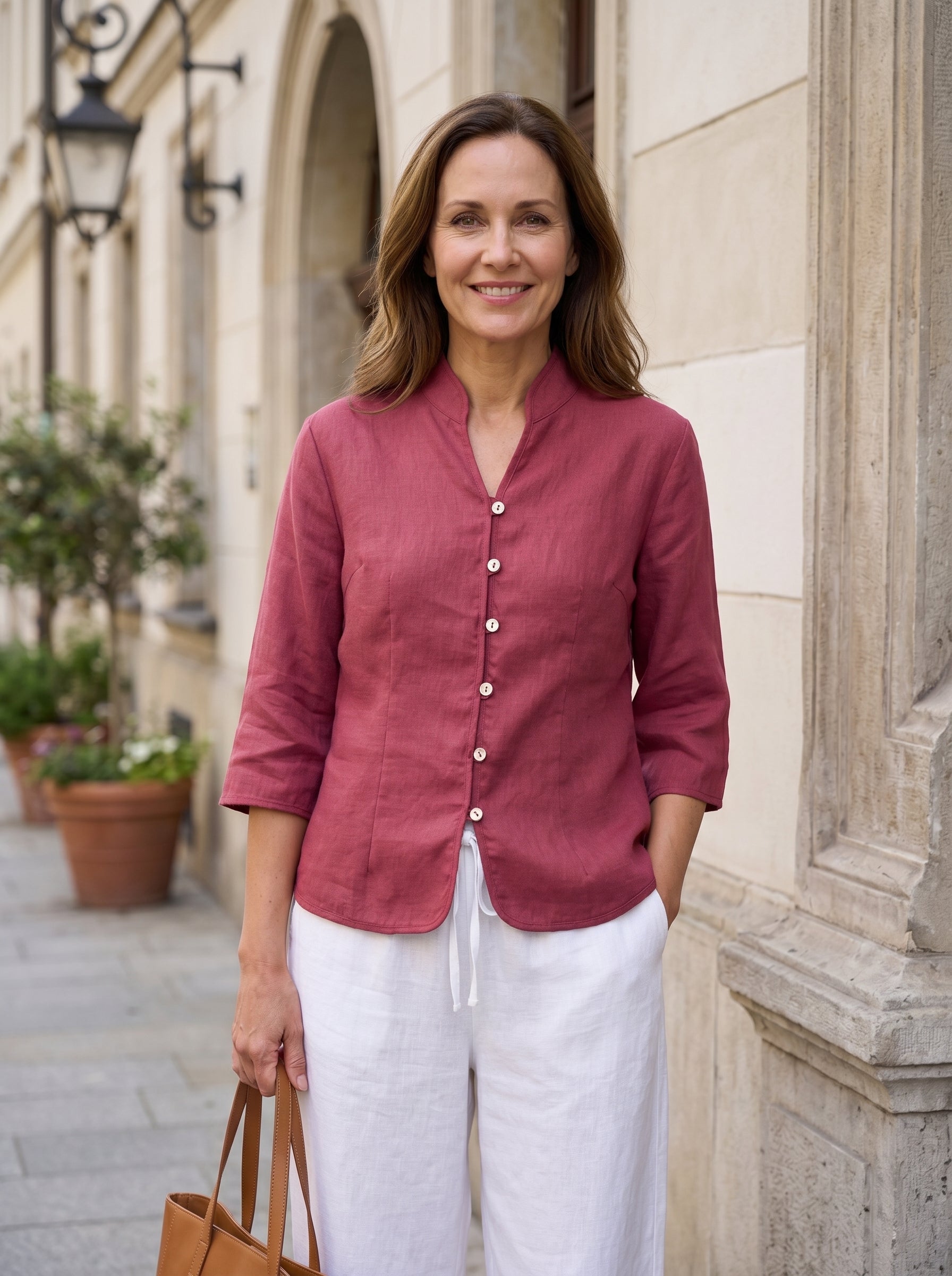 Camisa de lino entallada con cuello mandarín para mujer-Shirts for women-Casaluzia