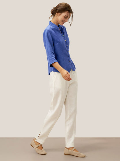 Camisa de lino entallada con cuello mandarín para mujer-Shirts for women-Casaluzia