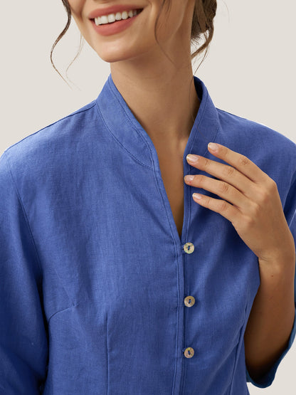 Camisa de lino entallada con cuello mandarín para mujer-Shirts for women-Casaluzia