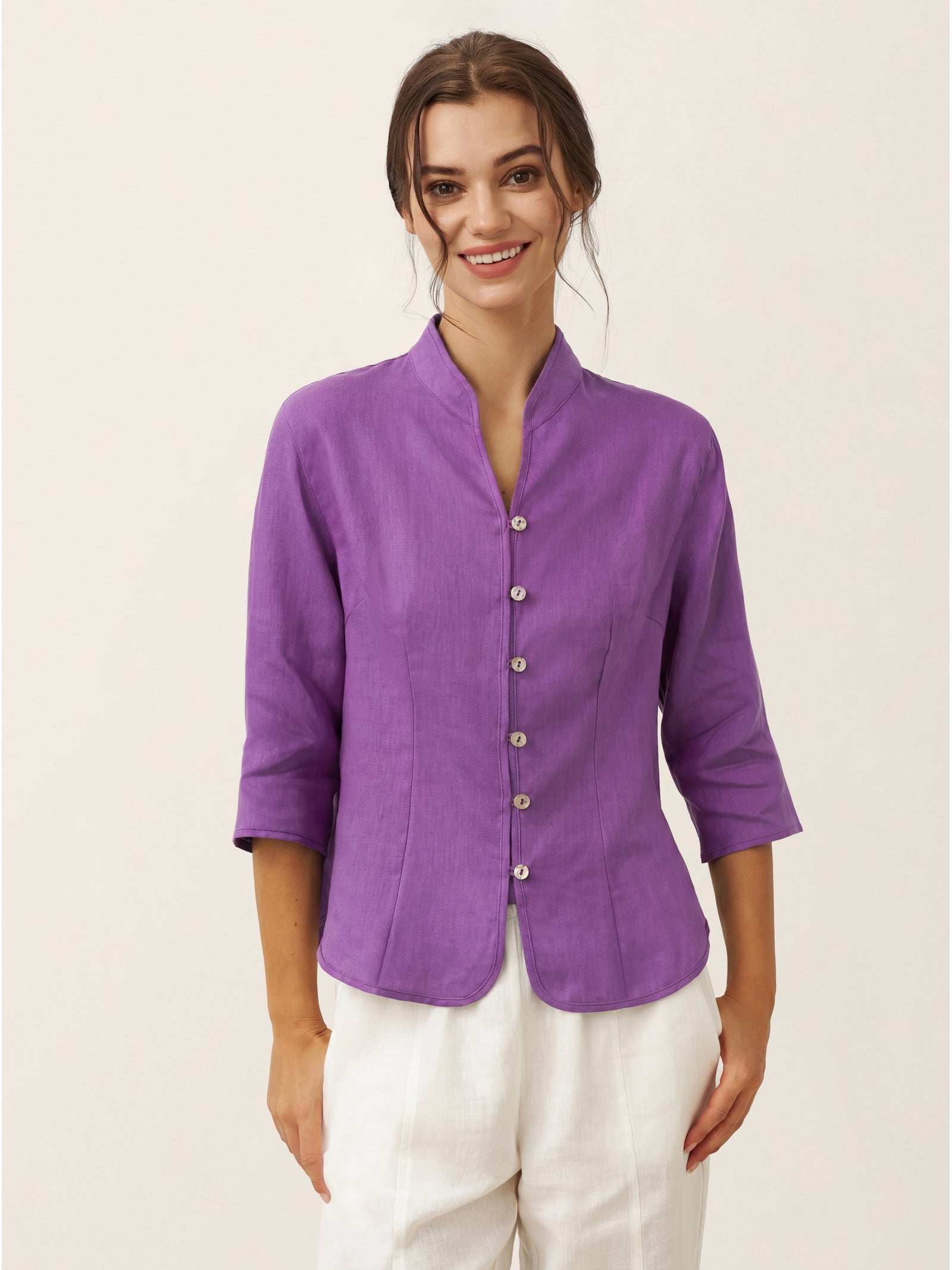 Camisa de lino entallada con cuello mandarín para mujer-Shirts for women-Casaluzia