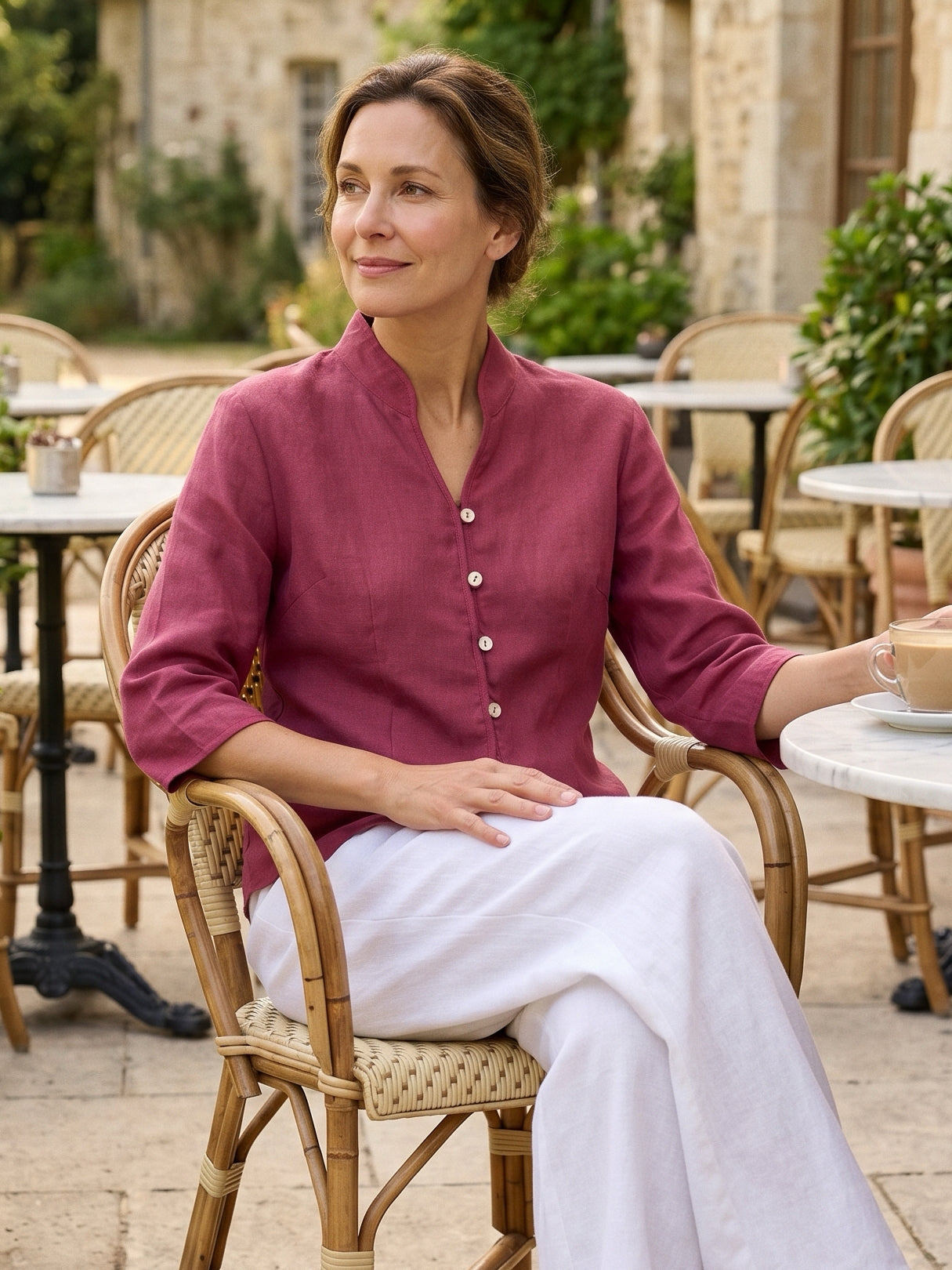 Camisa de lino entallada con cuello mandarín para mujer-Shirts for women-Casaluzia