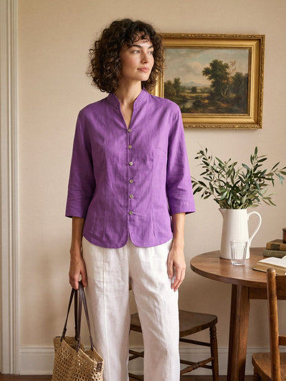 Camisa de lino entallada con cuello mandarín para mujer-Shirts for women-Casaluzia