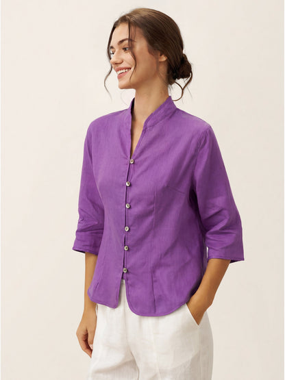 Camisa de lino entallada con cuello mandarín para mujer-Shirts for women-Casaluzia