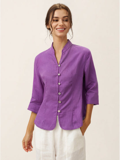 Camisa de lino entallada con cuello mandarín para mujer-Shirts for women-Casaluzia