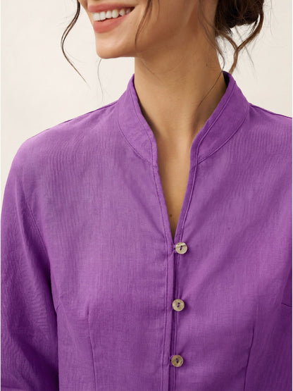 Camisa de lino entallada con cuello mandarín para mujer-Shirts for women-Casaluzia