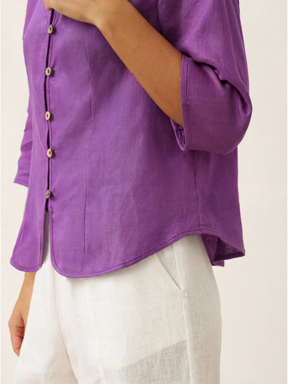 Camisa de lino entallada con cuello mandarín para mujer-Shirts for women-Casaluzia