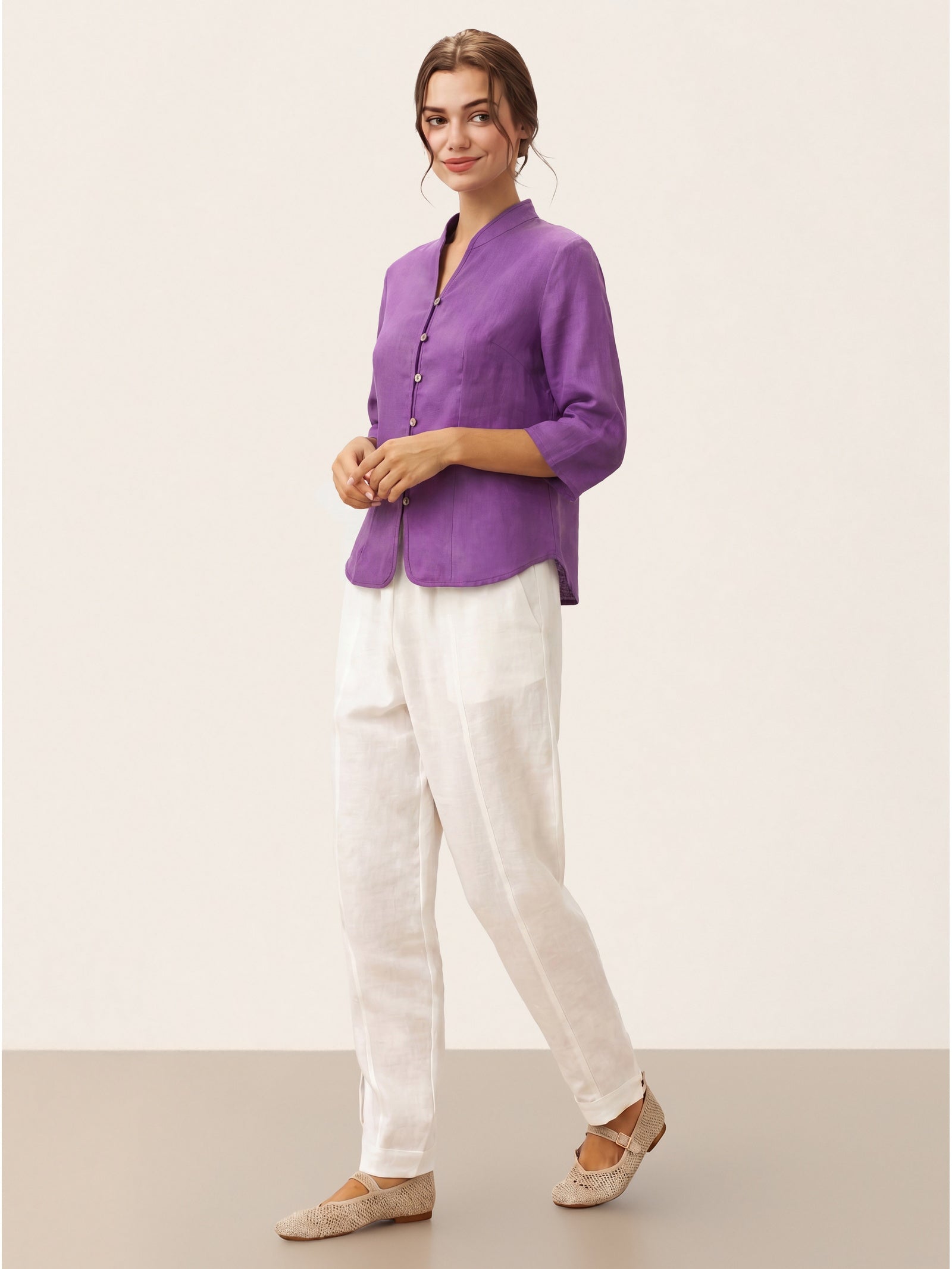Camisa de lino entallada con cuello mandarín para mujer-Shirts for women-Casaluzia
