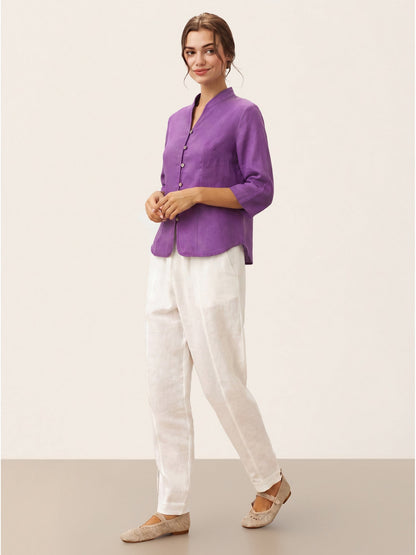 Camisa de lino entallada con cuello mandarín para mujer-Shirts for women-Casaluzia