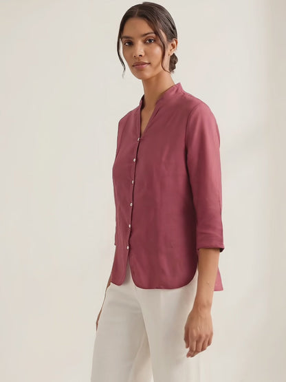 Camisa de lino entallada con cuello mandarín para mujer-Shirts for women-Casaluzia