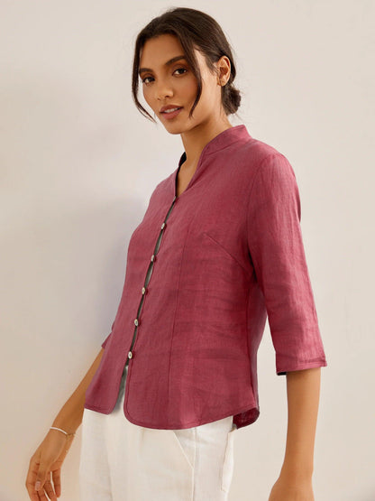 Camisa de lino entallada con cuello mandarín para mujer-Shirts for women-Casaluzia