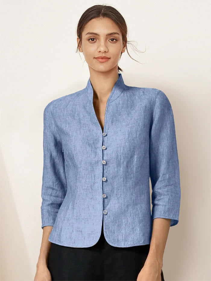 Camisa de lino entallada con cuello mandarín para mujer-Shirts for women-Casaluzia