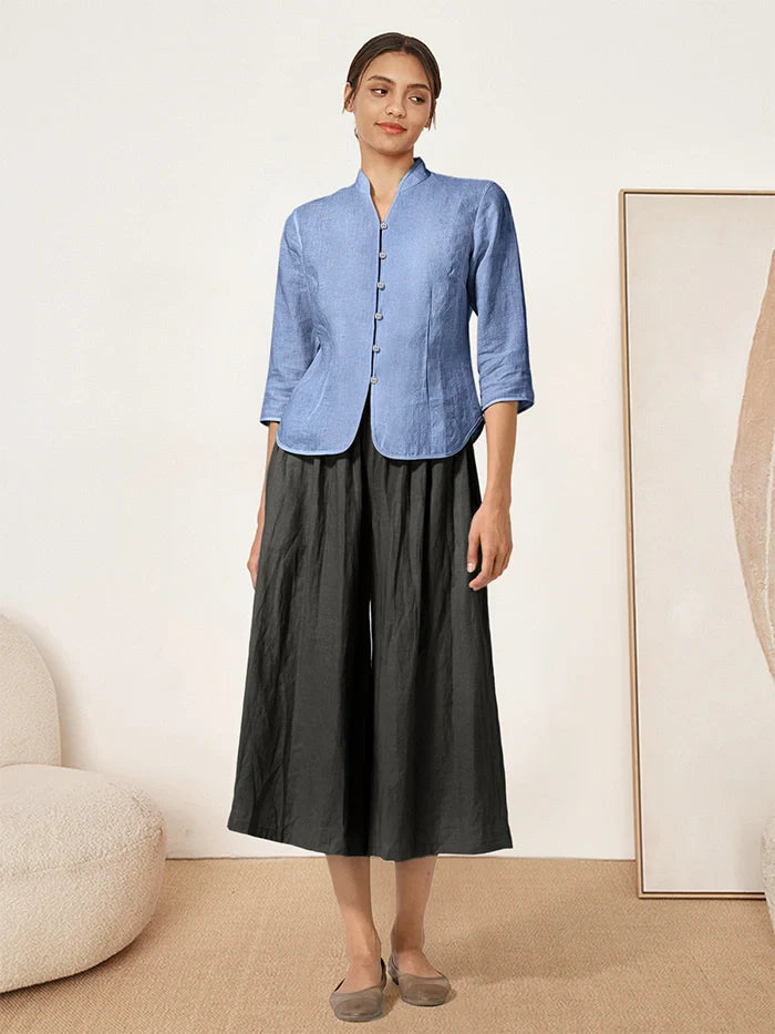 Camisa de lino entallada con cuello mandarín para mujer-Shirts for women-Casaluzia