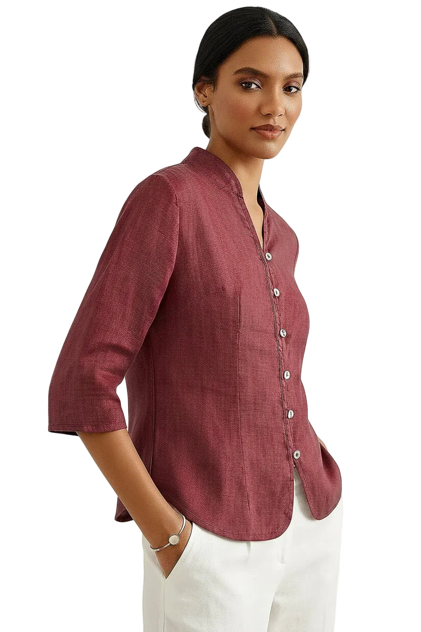 Camisa de lino entallada con cuello mandarín para mujer-Shirts for women-Casaluzia