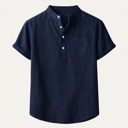 Camisa de lino para hombre con cuello mandarín y manga corta-Shirts for men-Casaluzia