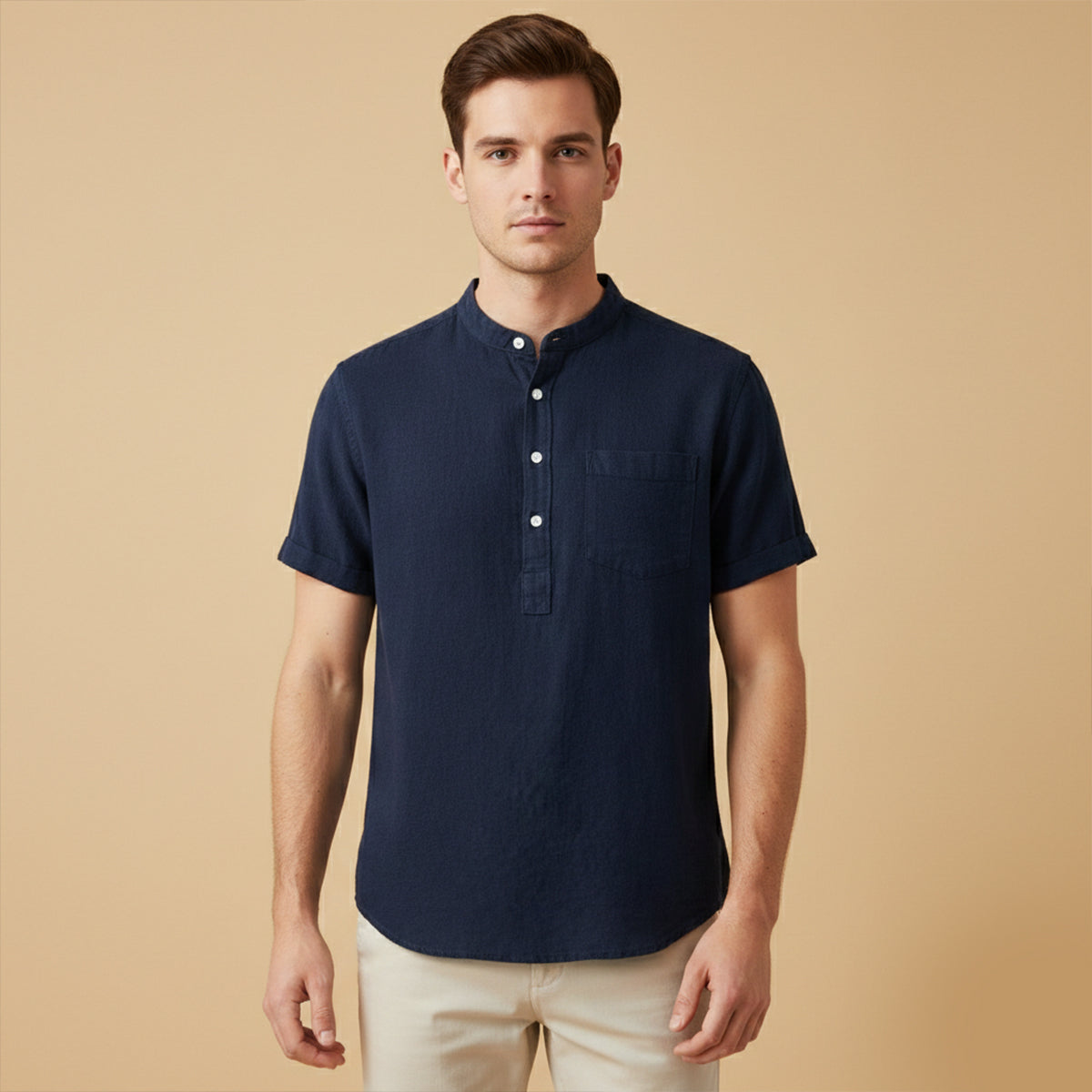 Camisa de lino para hombre con cuello mandarín y manga corta-Shirts for men-Casaluzia
