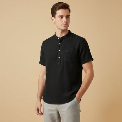 Camisa de lino para hombre con cuello mandarín y manga corta-Shirts for men-Casaluzia