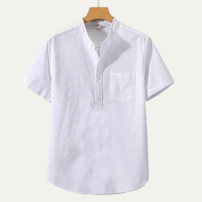 Camisa de lino para hombre con cuello mandarín y manga corta-Shirts for men-Casaluzia