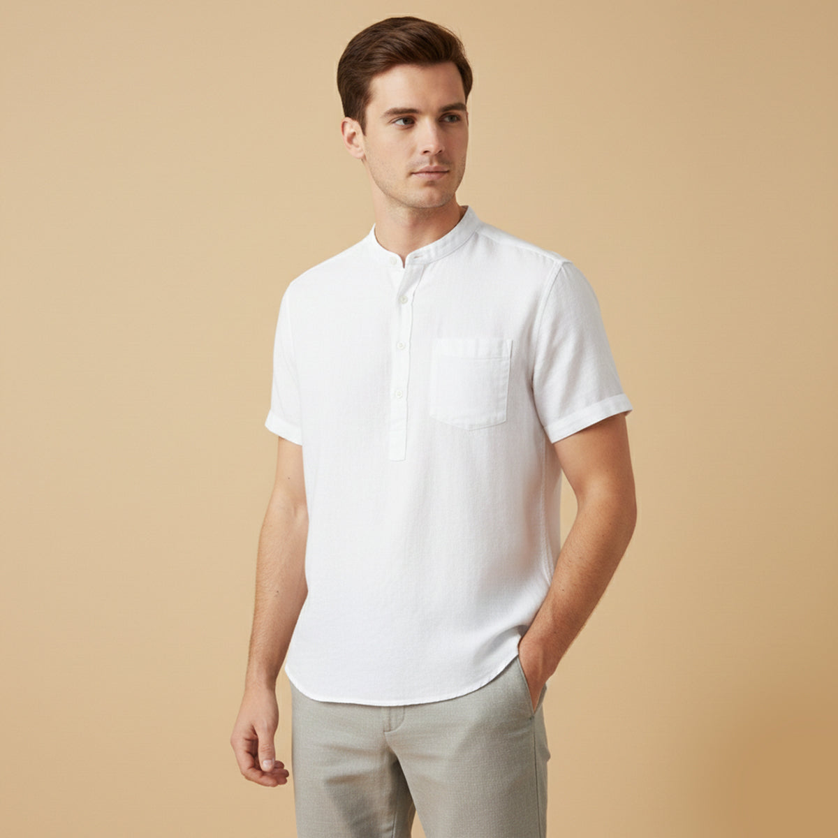 Camisa de lino para hombre con cuello mandarín y manga corta-Shirts for men-Casaluzia