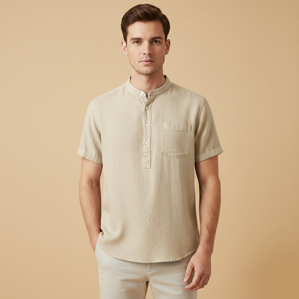 Camisa de lino para hombre con cuello mandarín y manga corta-Shirts for men-Casaluzia